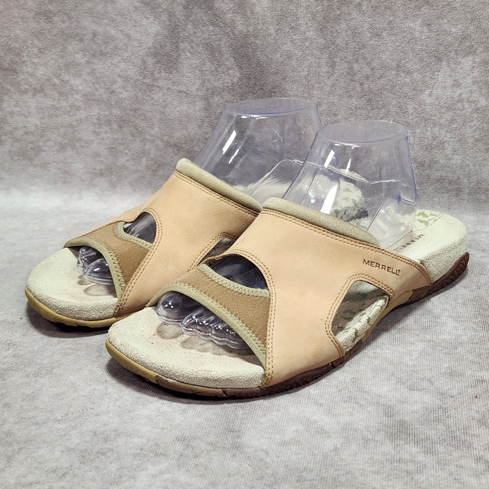 Merrell Pesaro Tan Leather Slide Sandals Womens 11 QForm Comfort J36472 Beige